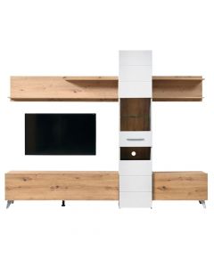 TV and wall display unit, LINARES, melamine and tempered glass, artisan oak / white, 232x41.5xH191.5 cm