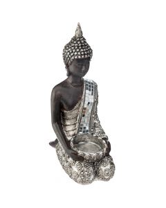 Candle holder, buddha, polyresin, silver, 23 cm