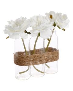 Lule artificiale, në vazo qelqi, 3 lule, pvc dhe qelq, e bardhë, shishe: Ø5.5 xH16 cm; lule: H23 cm
