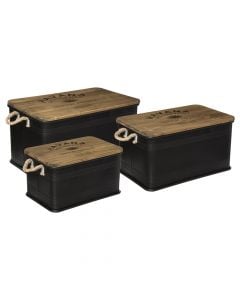 Storage box, set of 3 pcs, metal/wood, black, 45.2x30xH25 cm; 54.3x34xH29.1 cm; 60.1x37.8xH33.1 cm