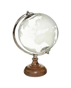 Decorative object, Globe, glass/aluminium/wood, clear, 21x19xH31 cm
