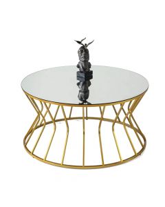 Tavolinë mesi, strukturë metalike, syprinë xhami, floriri, Ø89 xH45 cm