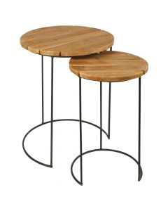 Side table, set of 2 pcs, metal frame/teak, brown