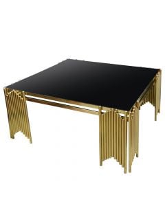 Coffee table, metal frame, glass tabletop, golden, 90x90xH45 cm