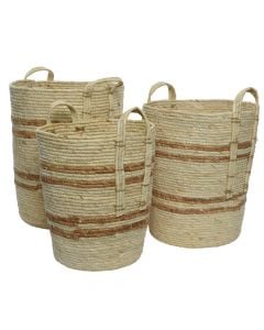 Basket, set of 3 pcs, straw, natural, Ø32 xH38 cm; Ø37 xH43 cm; Ø42 xH48 cm