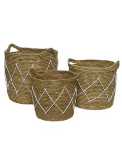 Basket, set of 3 pcs, with handle, straw, natural, Ø25 xH23 cm; Ø28 xH28 cm; Ø34 xH33 cm