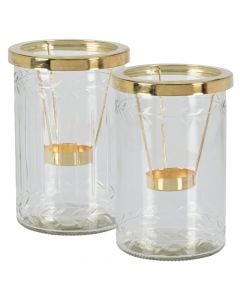 Tealight holder, glass and metal, clear/golden, Ø10 xH15 cm