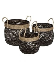 Storage basket, set of 3 pcs, bamboo/jute, brown/black, Ø30 xH24 cm; Ø34 xH30 cm; Ø37 xH34 cm
