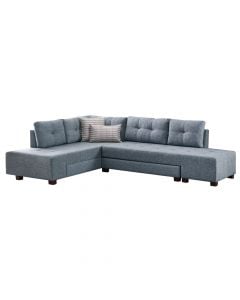 Corner sofa, Manama, left, wooden frame, textile upholstery, plastic legs, bed opsion, blue