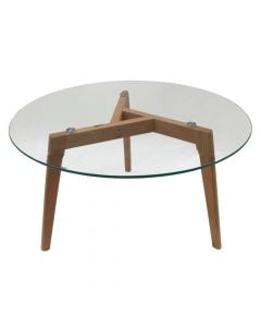 Tavolinë mesi, syprinë xham i temperuar 8mm, strukturë druri, transparente/kafe, 80x80xH45 cm
