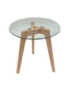 Tavolinë mesi, syprinë xham i temperuar 6mm, strukturë druri, transparente/kafe, 40x40xH45 cm