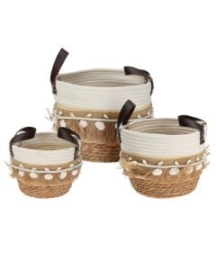 Basket, set 3 pieces, with handles, rattan, natural/white/black, 19x19xH21 cm; 24x24xH25 cm; 29x29xH28 cm