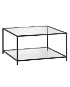 Tavolinë mesi, Hudd, syprinë xhami 5mm, strukturë metali ( e zezë), transparente, 80x80xH42 cm
