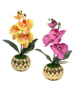 Artificial flower, in pot, plastic, purple/orange, 11x36 cm