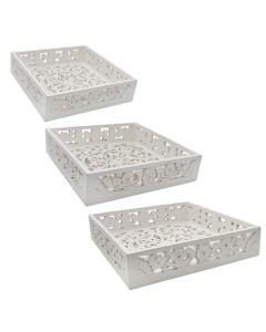 Tabaka dekorative set, druri, e bardhë, S-29x29x7; M-34X34xH7.5 cm; L-38x38xH8 cm