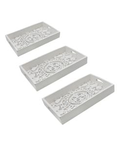Tabaka dekorative set, druri, e bardhë, S-46x30.5xH6cm;   M-53x38xH7 cm;      L-60x46xH7.5 cm,