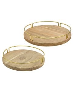 Decorative tray, set 2 pieces, wooden/metal, brown/Golden
