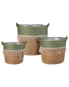 Set kosh magazinimi, 3 copë, rattan, tekstil, jeshile, kafe, S : H18 cm x ø21 cm, M : H22 cm x ø26 cm, L : H26 cm x ø33 cm