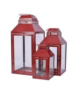 Decorative lantern, set 3 pieces, metal, red,  L:20x20xH45cm, M:16x16xH35cm, S:12x12xH24cm
