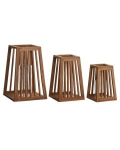 Fener dekorativ, set 3 copë, druri, kafe, L:20x20xH30cm, M:16x16xH25cm, S:13x13xH20cm