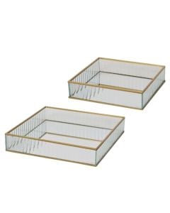 Decorative tray, set 2 pieces, metal/glass, golden,M:25x25xH4.5cm ,S:20x20xH4.5cm