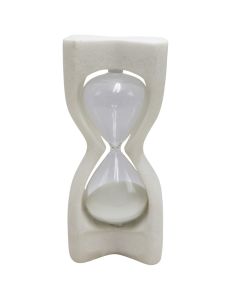 Sand timer, glass and resin, white, 11.5x8xH27 cm