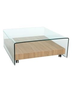 Coffee table, 12 mm tempered glass surface, MDF frame, transparent/ sonoma, 100x100xH40 cm