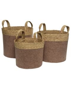 Decorative basket, set 3 pieces, straw, velvet pink, dia38xH33 cm