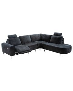 Corner sofa, electric recliner, right, textile upholstery, plastic feet, dark blue, 327x114xH87 cm