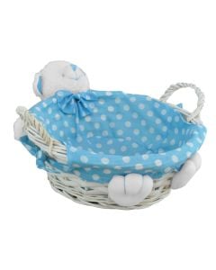 Storage box, willow and textile, blue/white, Ø24 xH8-13 cm