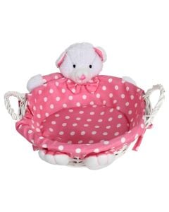 Storage box, willow and textile, pink/white, Ø24 xH8-13 cm