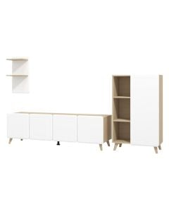 Mobilje televizori dhe ekspozitor, Elgin, MDF dhe melaminë, lisi/e bardhë mat, 244x41.5xH167.5 cm