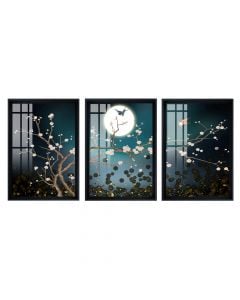 Framed painting, Bird at full moon, 3 pieces, wooden/paper, colorful, 32.5xH47.5 cm