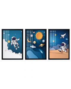 Framed painting, Astronaut, 3 pieces, wooden/paper, colorful, 32.5xH47.5 cm