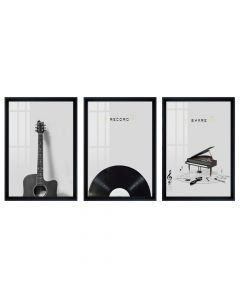 Framed painting, Record, set 3 pieces, wooden/paper, black/white, 32.5xH47.5 cm
