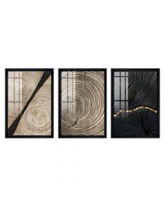 Framed painting, Tree Section, 3 pieces, wooden/paper, black/brown, 32.5xH47.5 cm