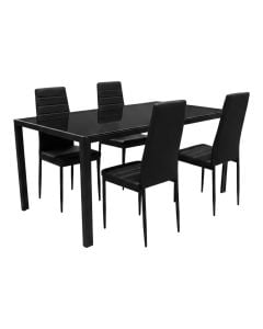 Dining table+4 chair, tempered glass (8 mm), metal tube with powder coating, black, (160x90xH75 cm)x(40.5x38.5xH97 cm)