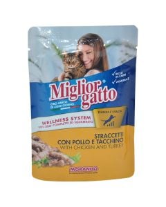 Ushqim për mace, Miglior Gatto, 100gr, me pule dhe gjeldeti