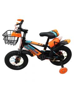 Biçikletë, 12", ngjyra blu/portokalli me te zeze,me rrota suportuese