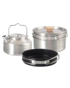 Set gatimi për kamping, çelik inoksi 304, përmban tigan, çajnik dhe tenxhere