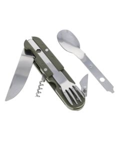 Multifunctional camping tool, contains knife, spoon, fork, opener