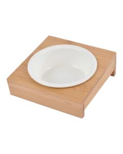 Tas ushqimi qeramike për kafshë me mbajtëse bamboo, Love Story, tasi 12XH4 cm, mbajtësja 14x14 cm, ngjyrë e bardhë