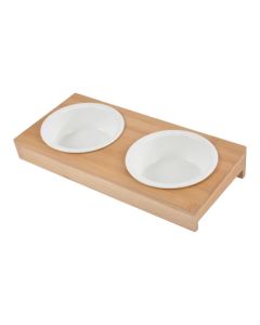 Dopio tas ushqimi qeramike për kafshë me mbajtëse bamboo, Love Story, tasi 12XH4 cm, mbajtësja 30x14 cm, ngjyrë e bardhë