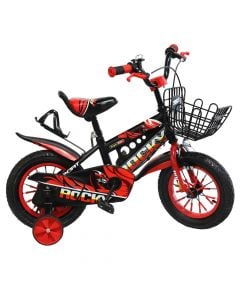 Biciklete, 12", e zeze me te kuqe, me kosh, me kosh, rrota ndihmese, transmision pa marsha