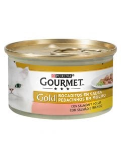 Ushqim per mace, Gourmet, Gold, 85 g, Salmon dhe pule, I koservuar