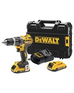 Drill with battery, DeWalt, XR Compact, 18 V, 2x2.0 Ah, 70 Nm, 13 mm metal, 13 mm concrete, 40 mm wood, 0-34000 impacts per minute