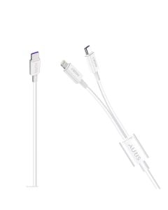 Fishë karikimi 2 në 1, Auris, CB56, Type-C, Lightning, 30 W, 100 cm, ngjyrë e bardhë