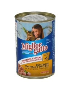 Ushqim për mace, Miglior Gatto, me mish pule dhe gjeli, 405 gr