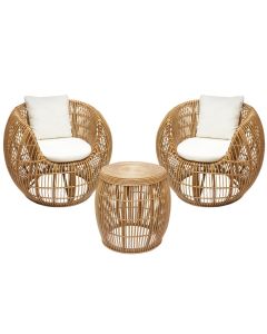 Set of 2 teak chairs + 1 coffee table, rattan, natural color, W97xD82xH73 cm, D50xH50 cm