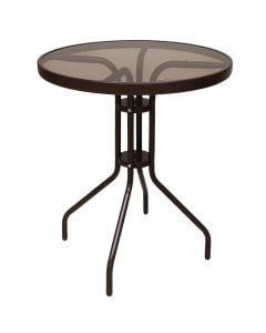 Tavolinë e rrumbullakët Bistro, strukturë metalike/ratan/qelq, ngjyre kafe, Dia.60xH70 cm